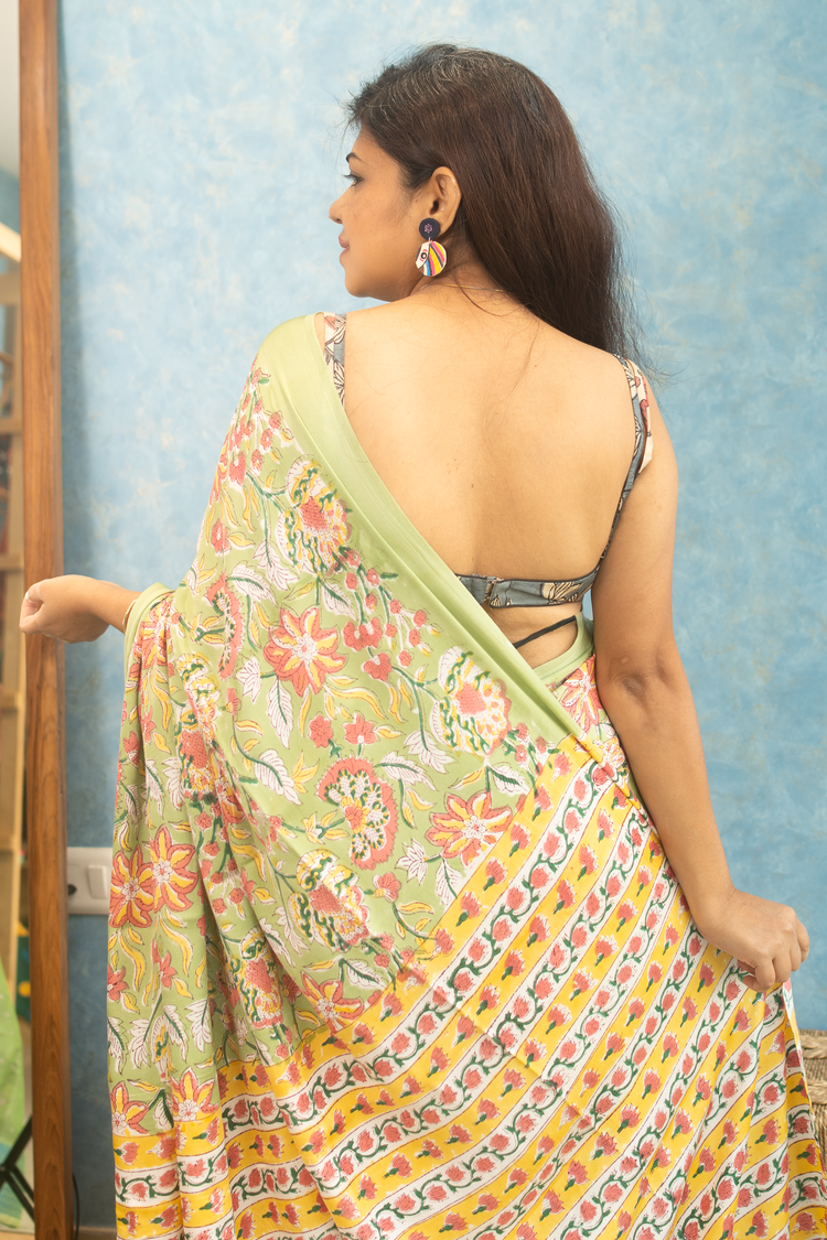 GREEN FLORAL PRINT MODAL SILK SARI