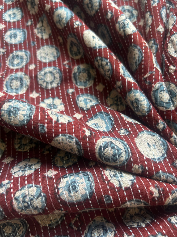 Maroon Ajrakh Print with kantha stitch on Cotton Fabric