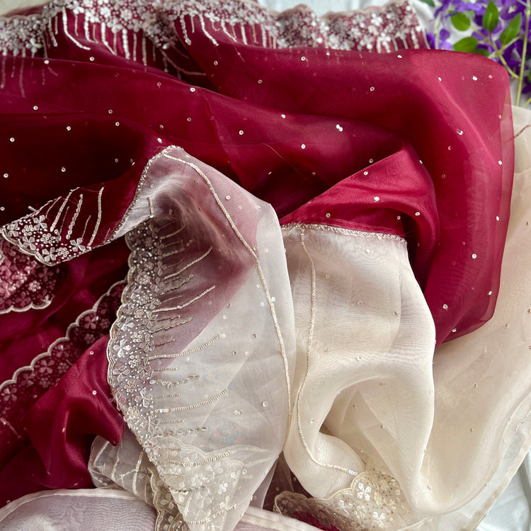Maroon and Perl Colour Hand Embroidery on Organza Sari