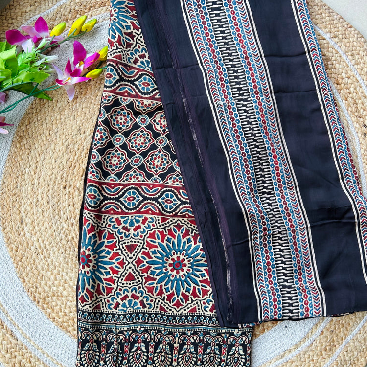 BLACK AJRAK BLOCK PRINTED MODAL SILK SARI