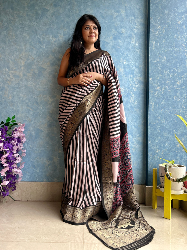 STRIPE AJRAK BLOCK PRINTED DOLA SILK SARI