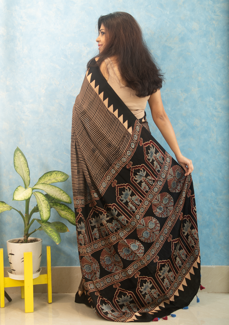 BLACK AJRAK BLOCK PRINTED MODAL SILK SARI