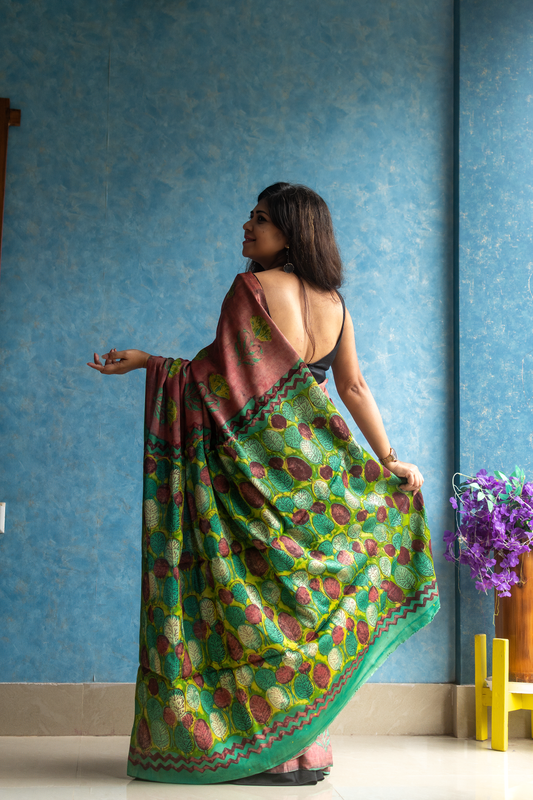Autumn Leaf Modal Tussar Ajrakh Saree