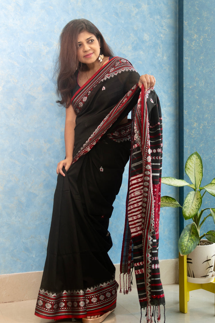 Black Handwoven Khadi Cotton Sari With Dhanikhali Woven Pallu