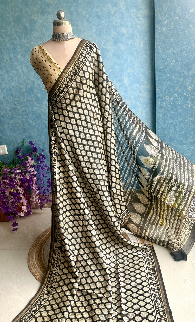 Beige Hand Block Printed Chanderi Sar