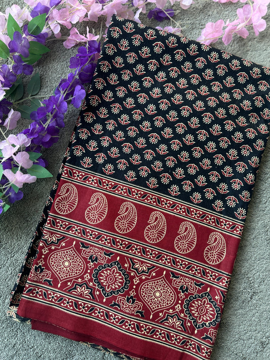 Black Ajrakh Printed Cotton Fabric