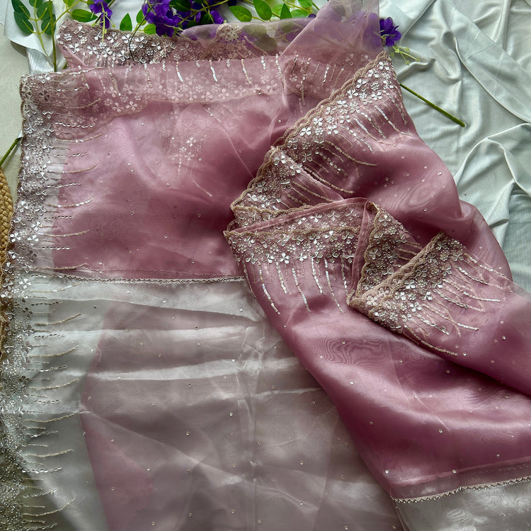 Plum and Perl Colour Hand Embroidery on Organza Sari