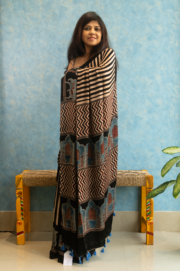 BLACK AJRAK BLOCK PRINTED MODAL SILK SARI