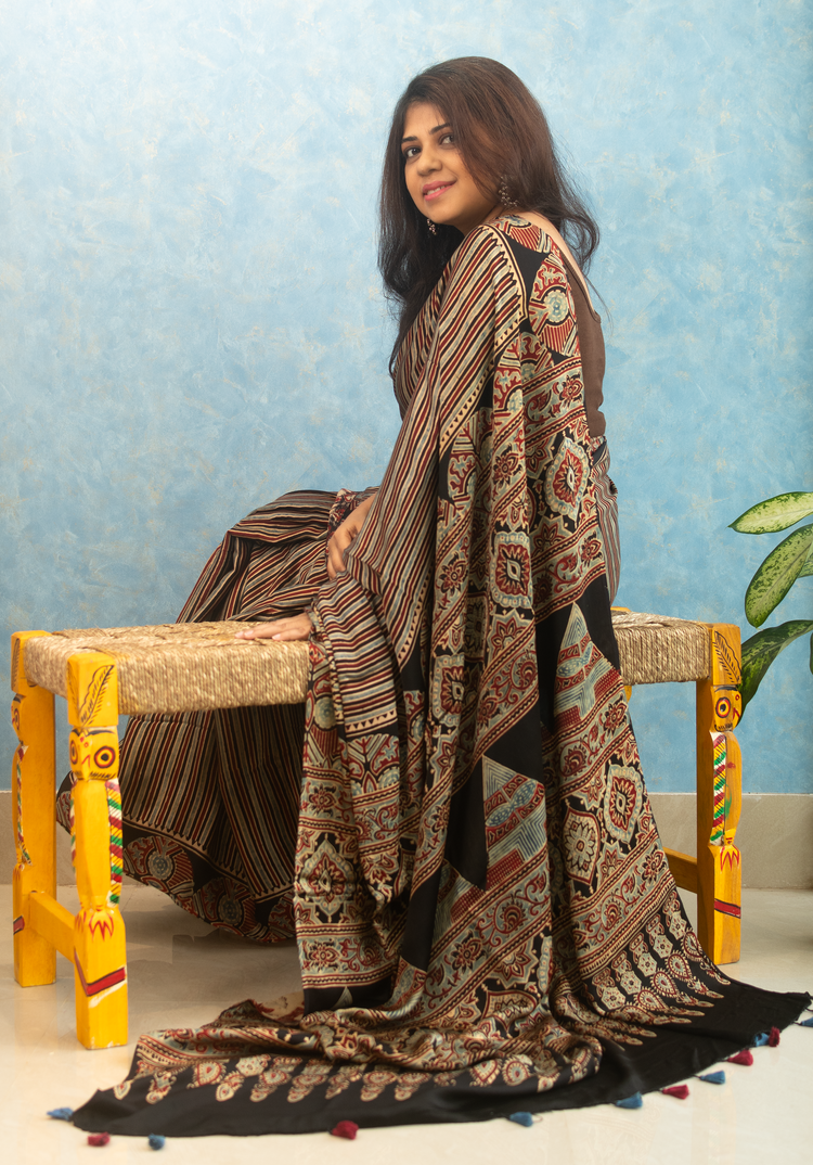 MULTICOLOR AJRAK BLOCK PRINTED MODAL SILK SARI