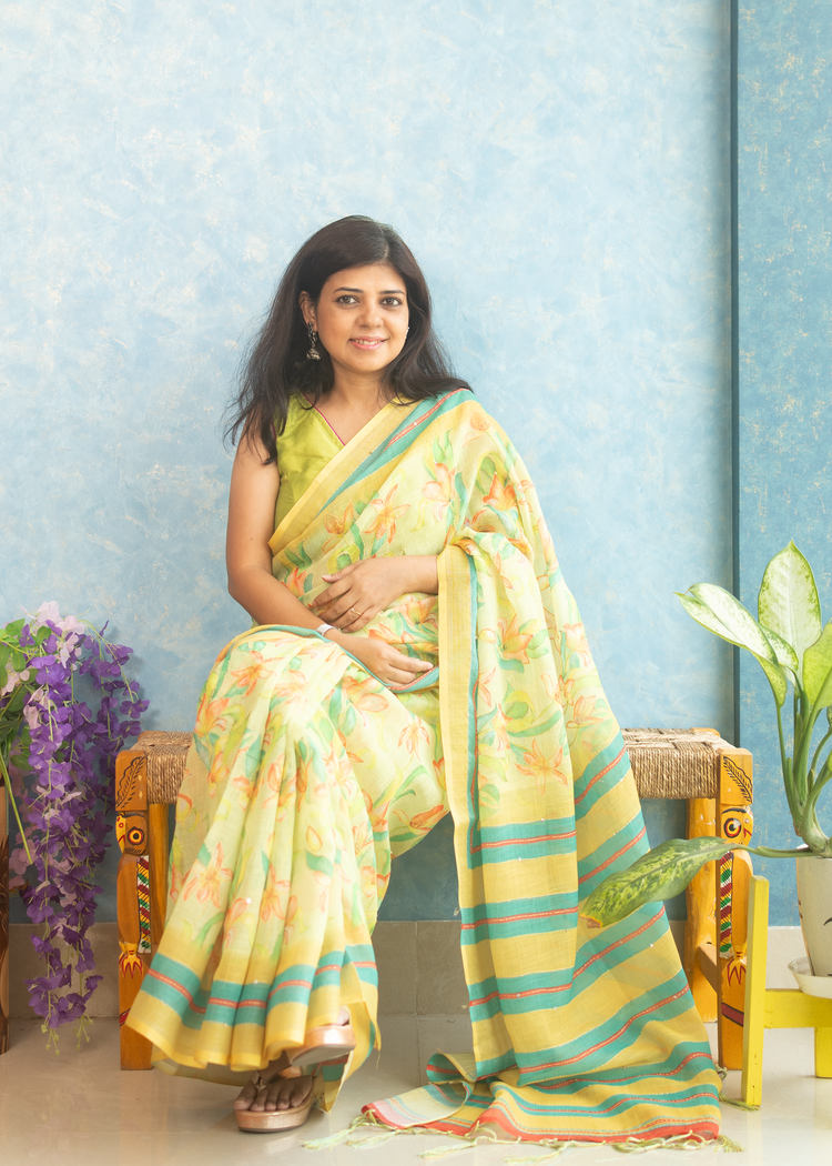 Linen Floral Print with Kantha stitch