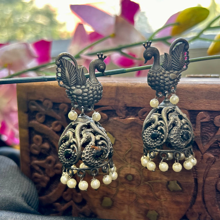 Peacock Silver Oxidised Jhumka
