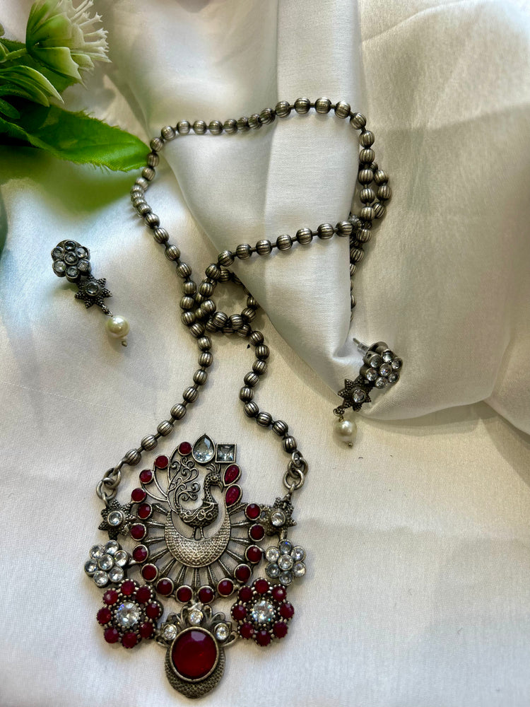 Peacock Pink Stone Oxidised Necklace Set
