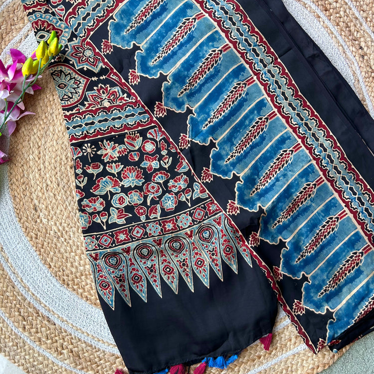 BLACK AJRAK BLOCK PRINTED MODAL SILK SARI