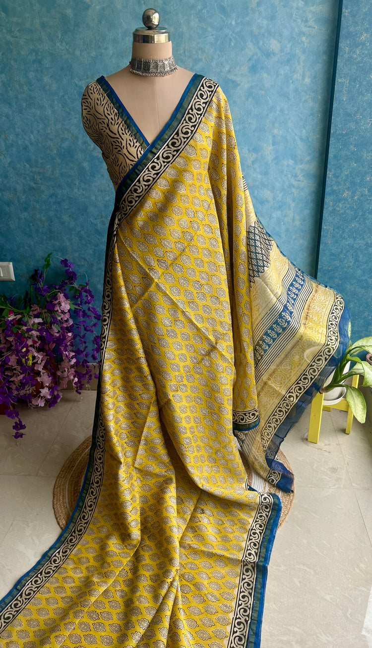 Yellow Hand Block Printed Chanderi Sari