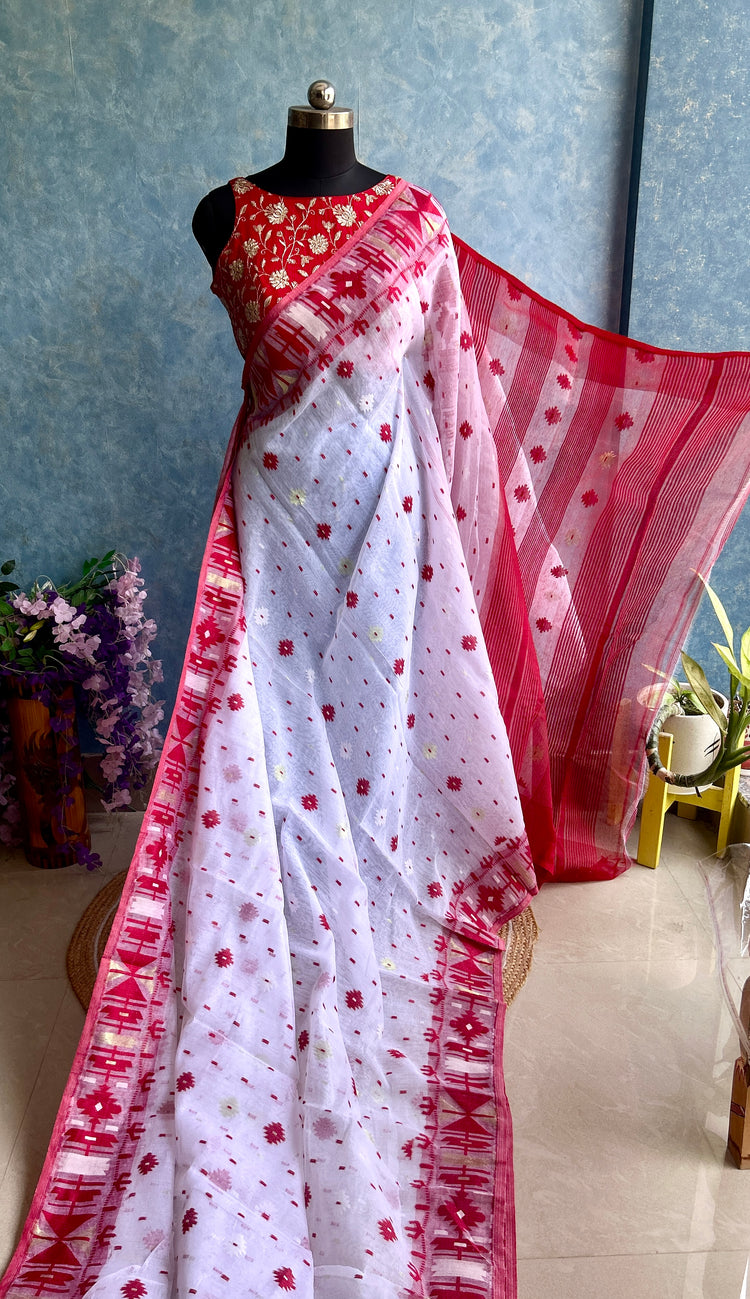 White Red Soft Dhakai Jamdani