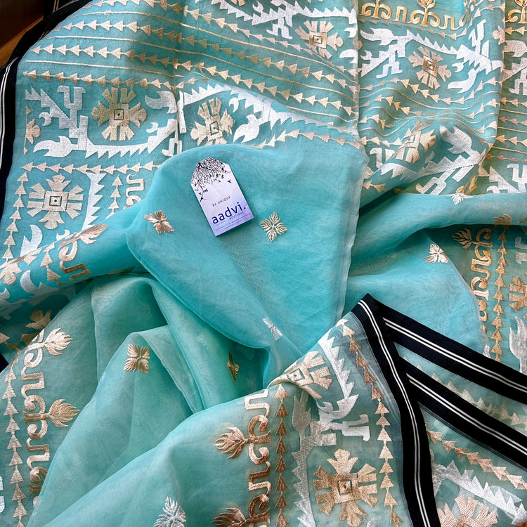 Mint Resham Silk Muslin Jamdani Saree