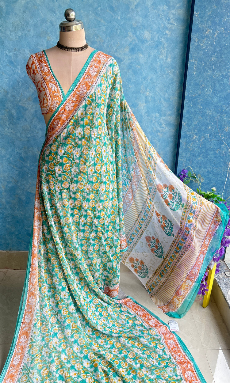 Green Chiffon Handblock Printed Saree