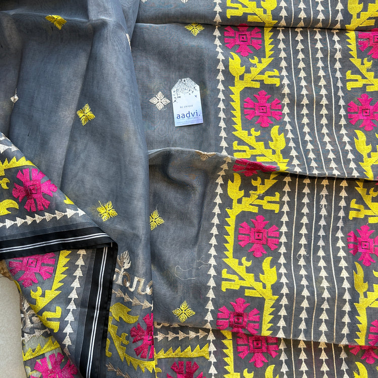 Grey Resham Silk Muslin Jamdani Saree