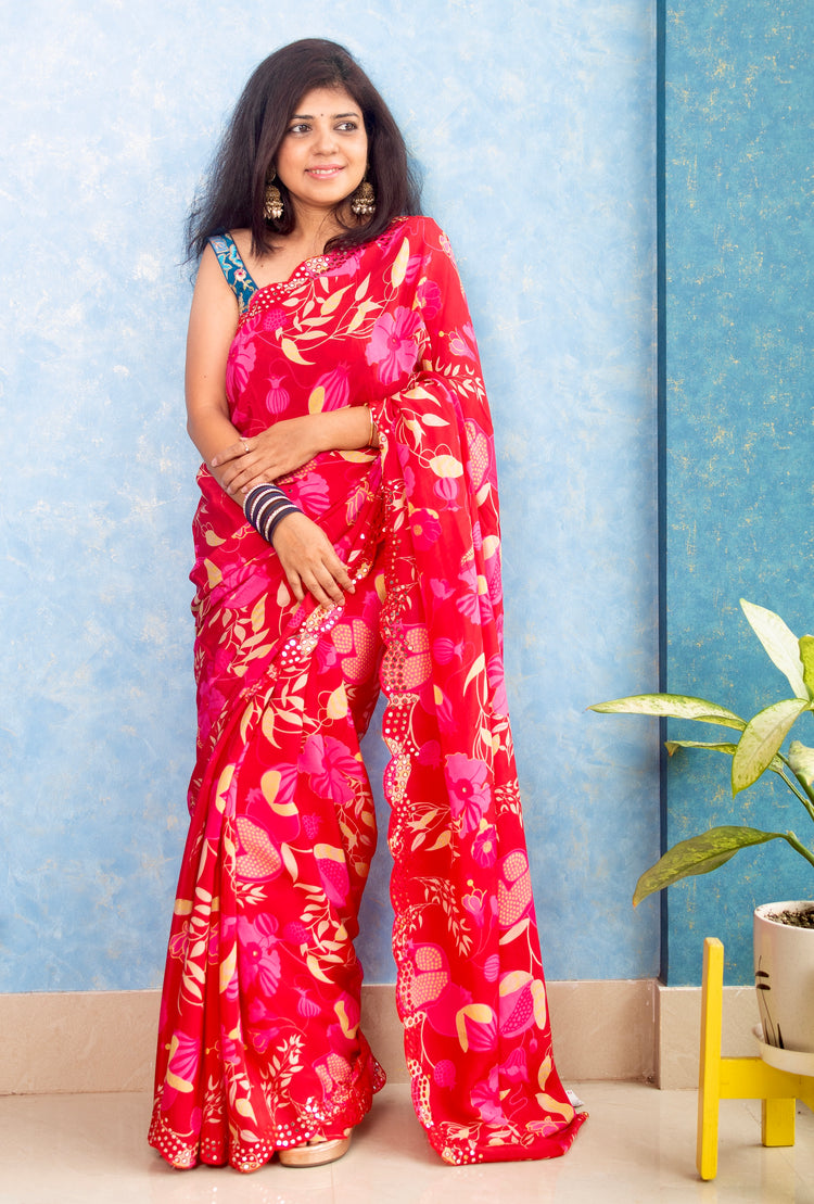 Ruby Pink Crape Saree with Mirror Work and Scallop Border