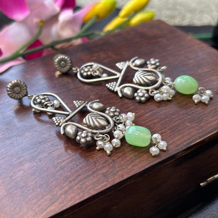 Green Beads Silver Oxidised Earrings
