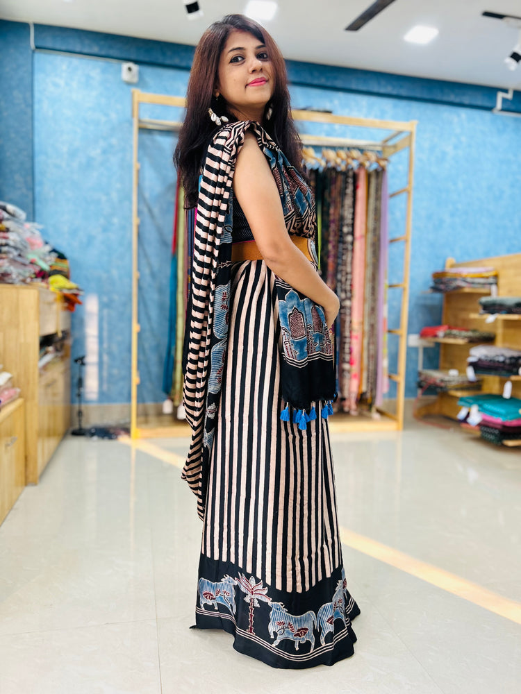 BLACK AJRAK BLOCK PRINTED MODAL SILK SARI