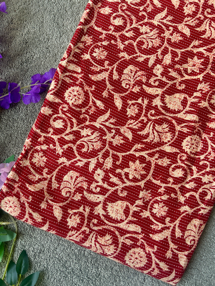 Red Ajrakh Print with kantha stitch on Cotton Fabric