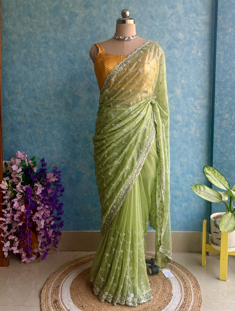 Sheen Green Hand Embroidery on Tissue Sari
