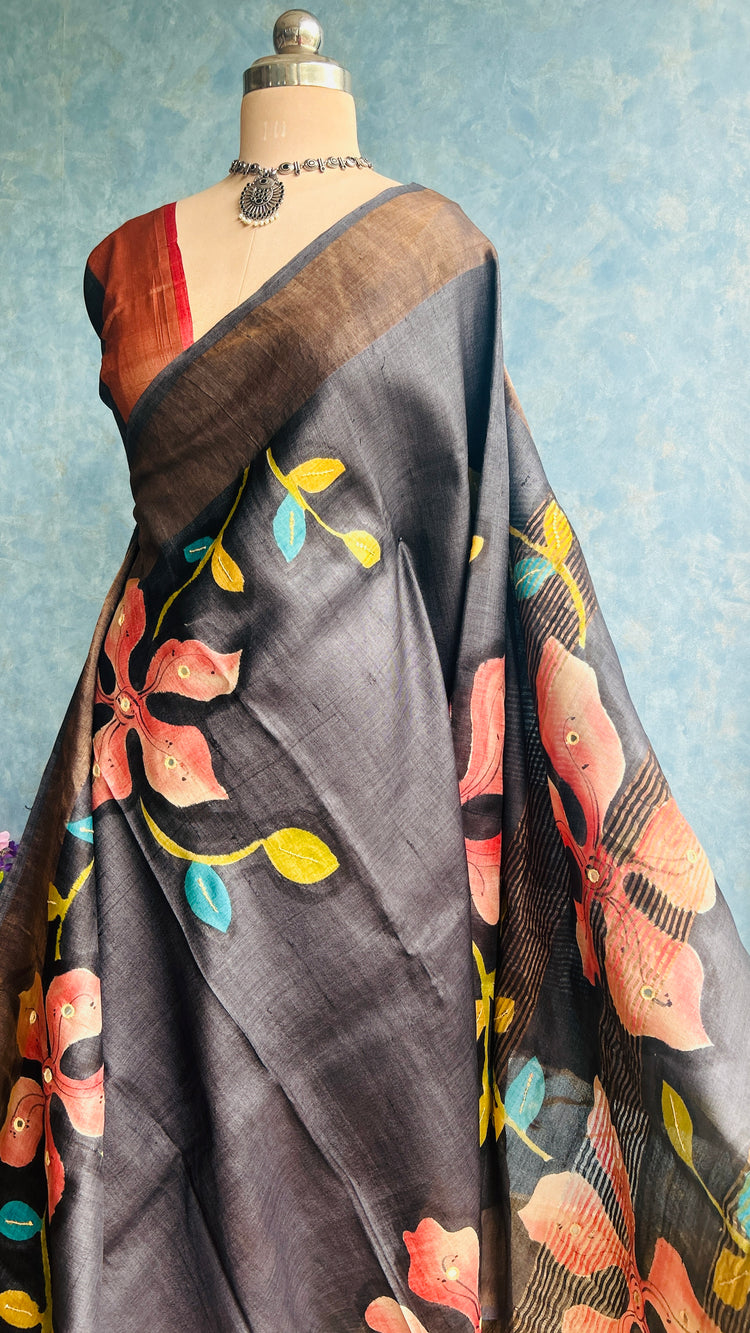 Black HandPaint on Pure Tussar Silk