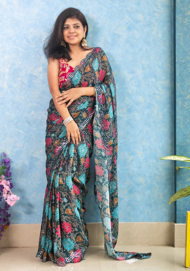 Prussian Chinon Crepe Saree with Mirror Work and Scallop Border