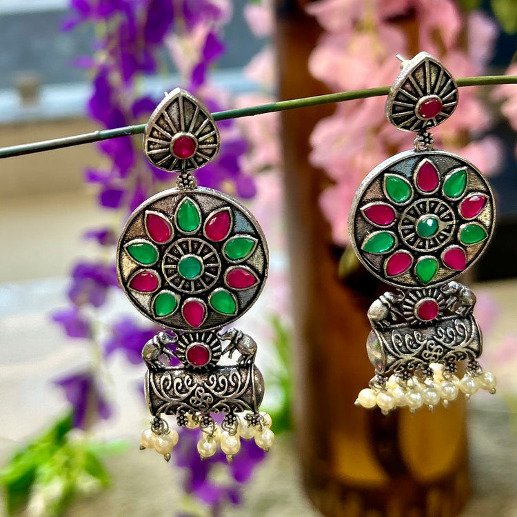 Multicolour Stone Silver Oxidised Earrings
