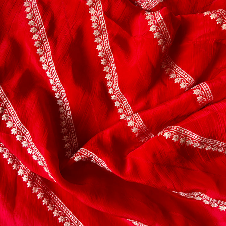 Red Crepe Stripe Zari Woven Fabric