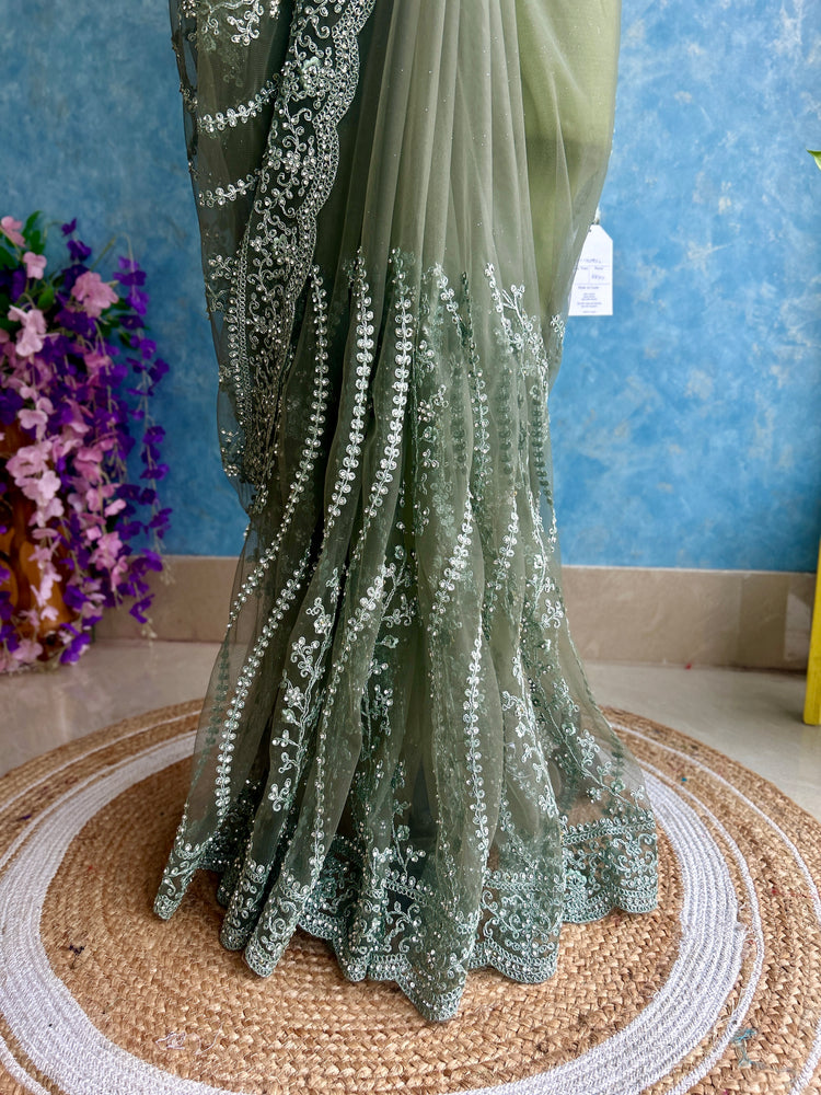 Seaweed Green Embroidery on Net Sari