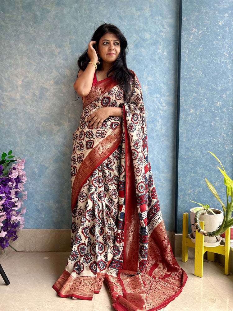 IVORY AJRAK BLOCK PRINTED DOLA SILK SARI
