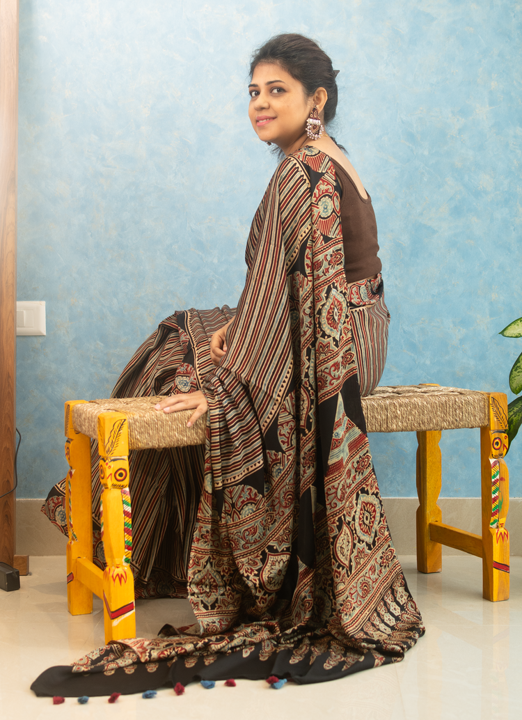 MULTICOLOR AJRAK BLOCK PRINTED MODAL SILK SARI