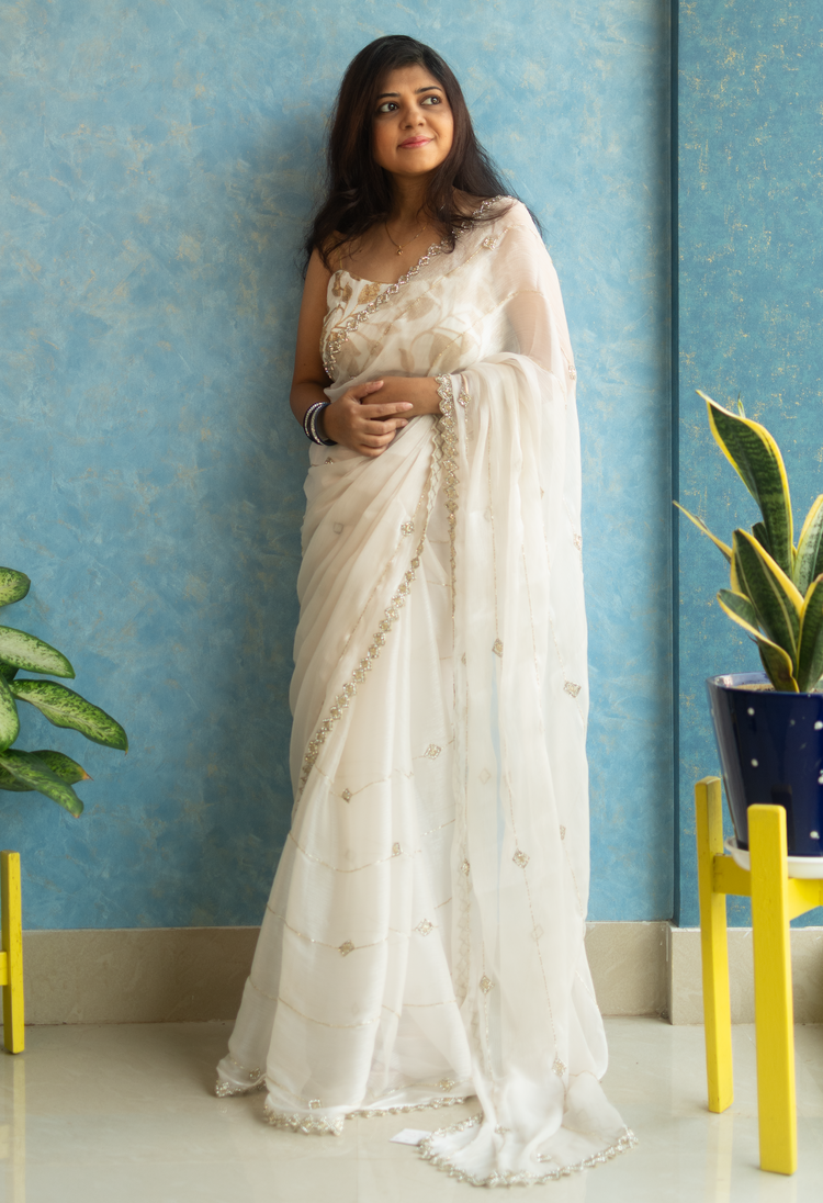 Hand Embroidery on White Jimmy Choo Sari