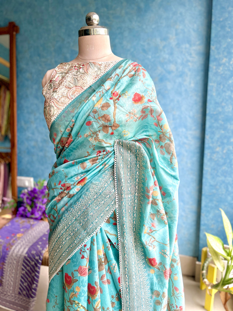Powder Blue Digital Printed Chanderi Sari