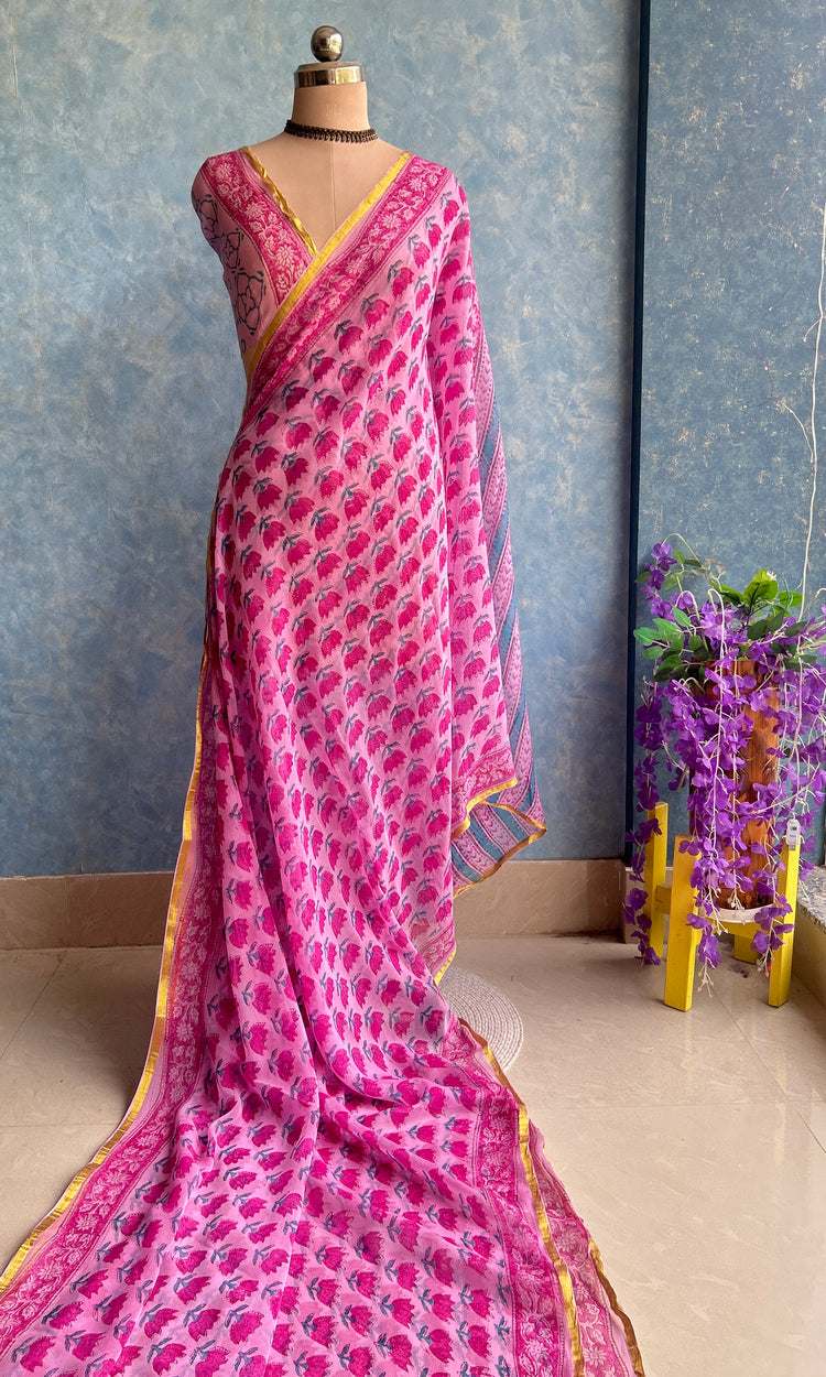 Pink Chiffon Handblock Printed Saree