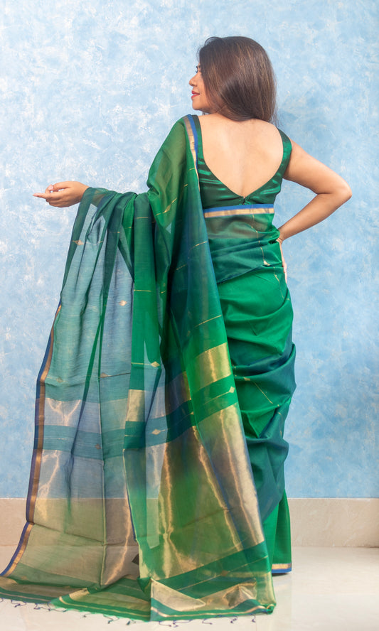 Pure Silk Handwoven Green Maheshwari Sari