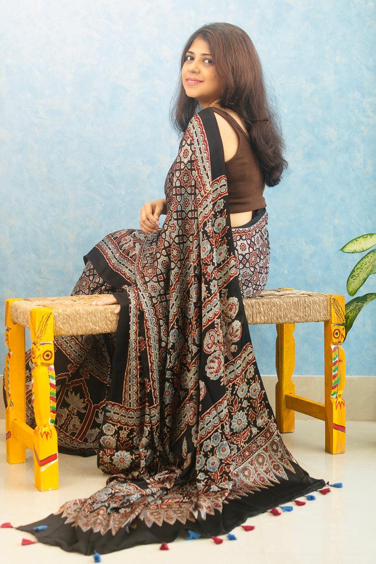 BLACK AJRAK BLOCK PRINTED MODAL SILK SARI