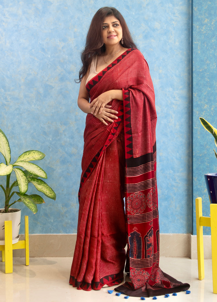 MAROON RED AJRAK BLOCK PRINTED MODAL SILK SARI