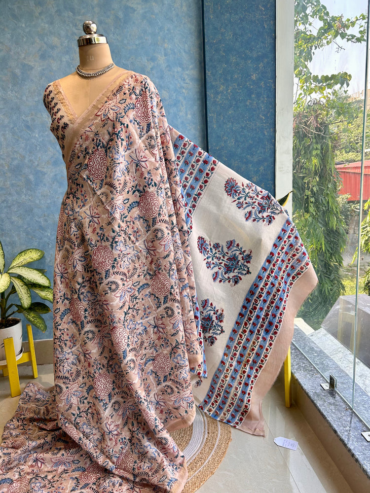 Tan Hand Block Printed Chanderi Sari