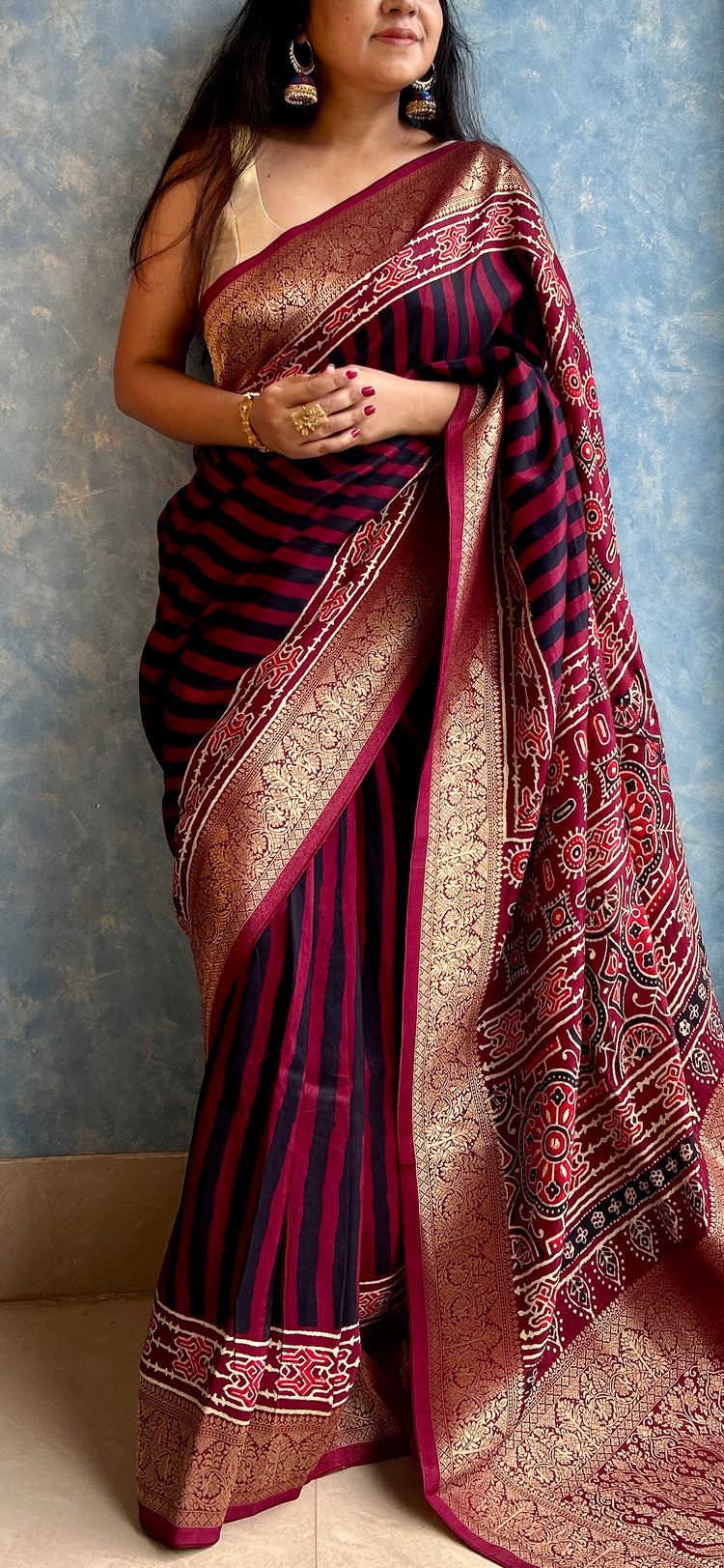 MAROON AJRAK BLOCK PRINTED DOLA SILK SARI