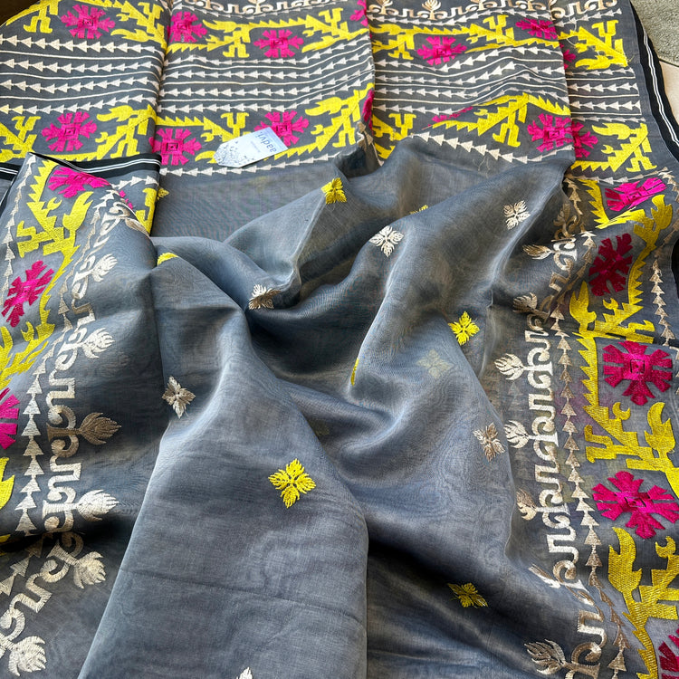 Grey Resham Silk Muslin Jamdani Saree