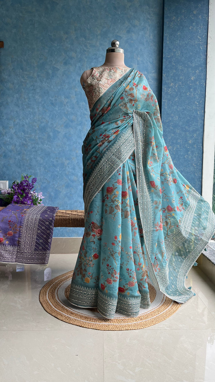 Powder Blue Digital Printed Chanderi Sari