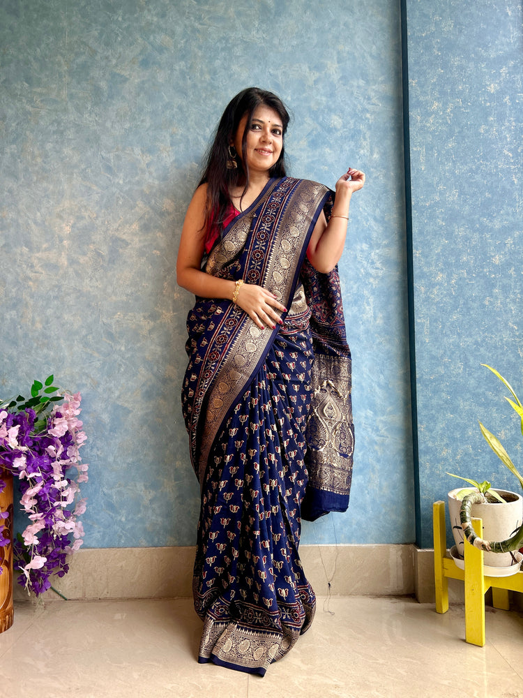 INDIGO AJRAK BLOCK PRINTED DOLA SILK SARI