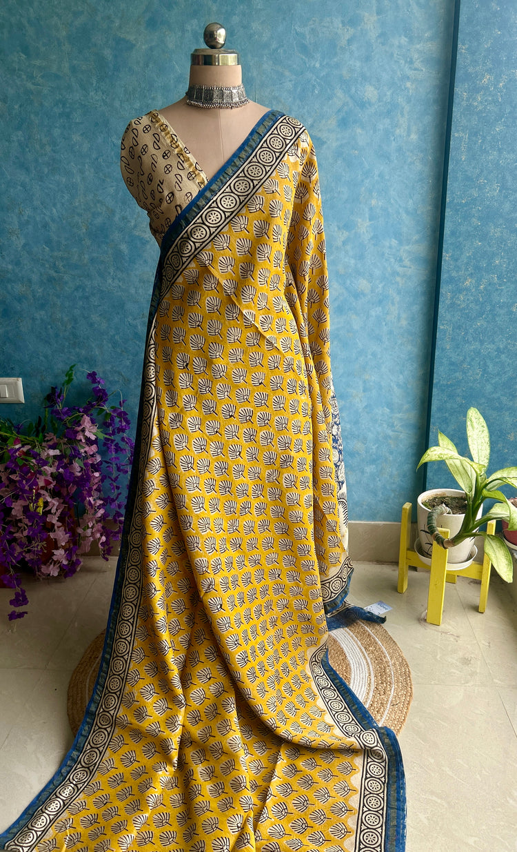 Golden Yellow Hand Block Printed Chanderi Sar