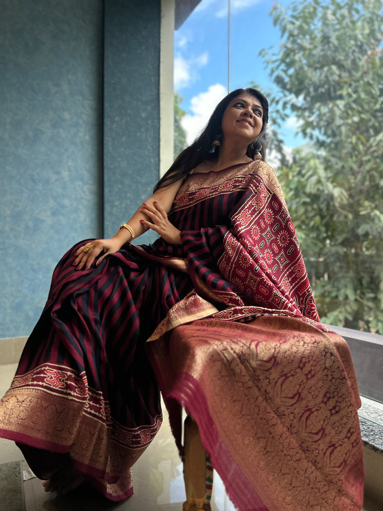 MAROON AJRAK BLOCK PRINTED DOLA SILK SARI