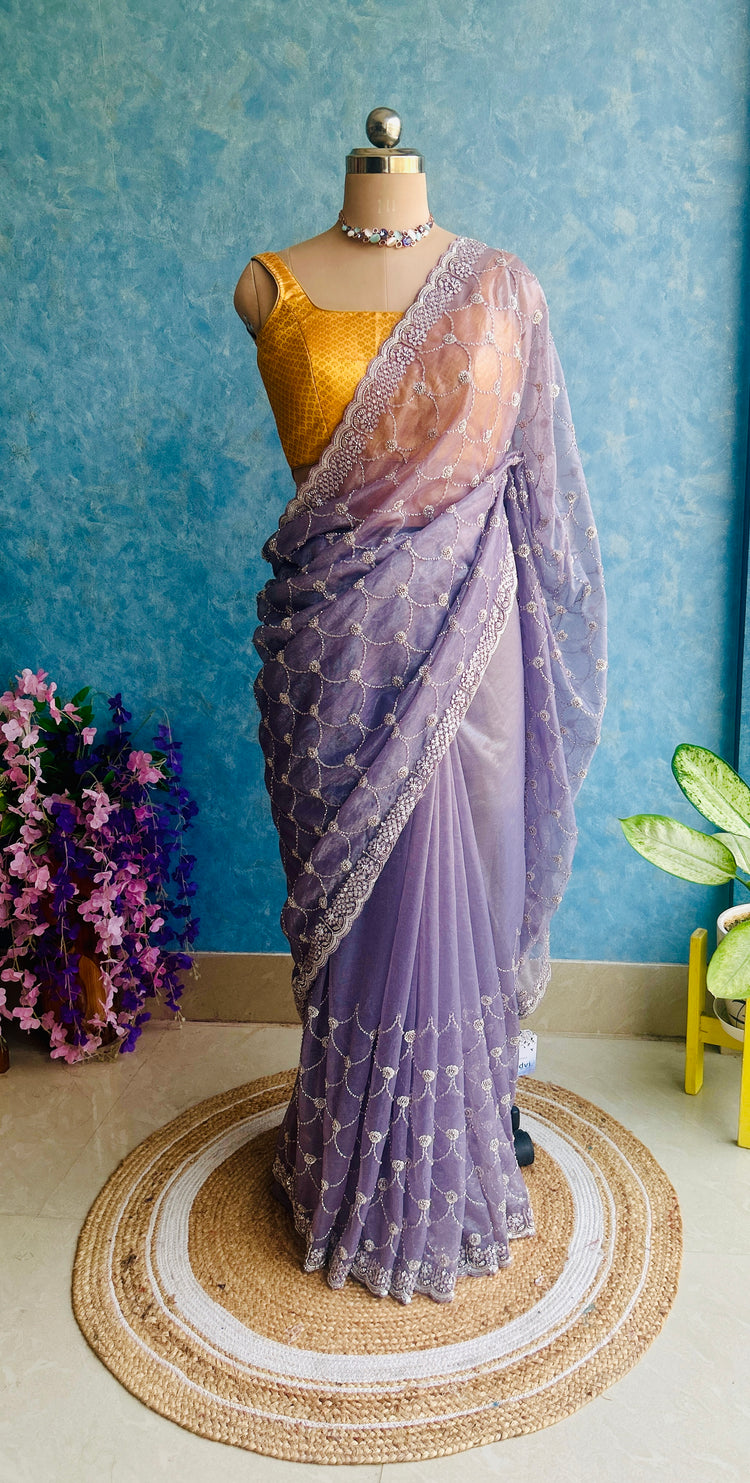 Light Purple Hand Embroidery on Tissue Sari