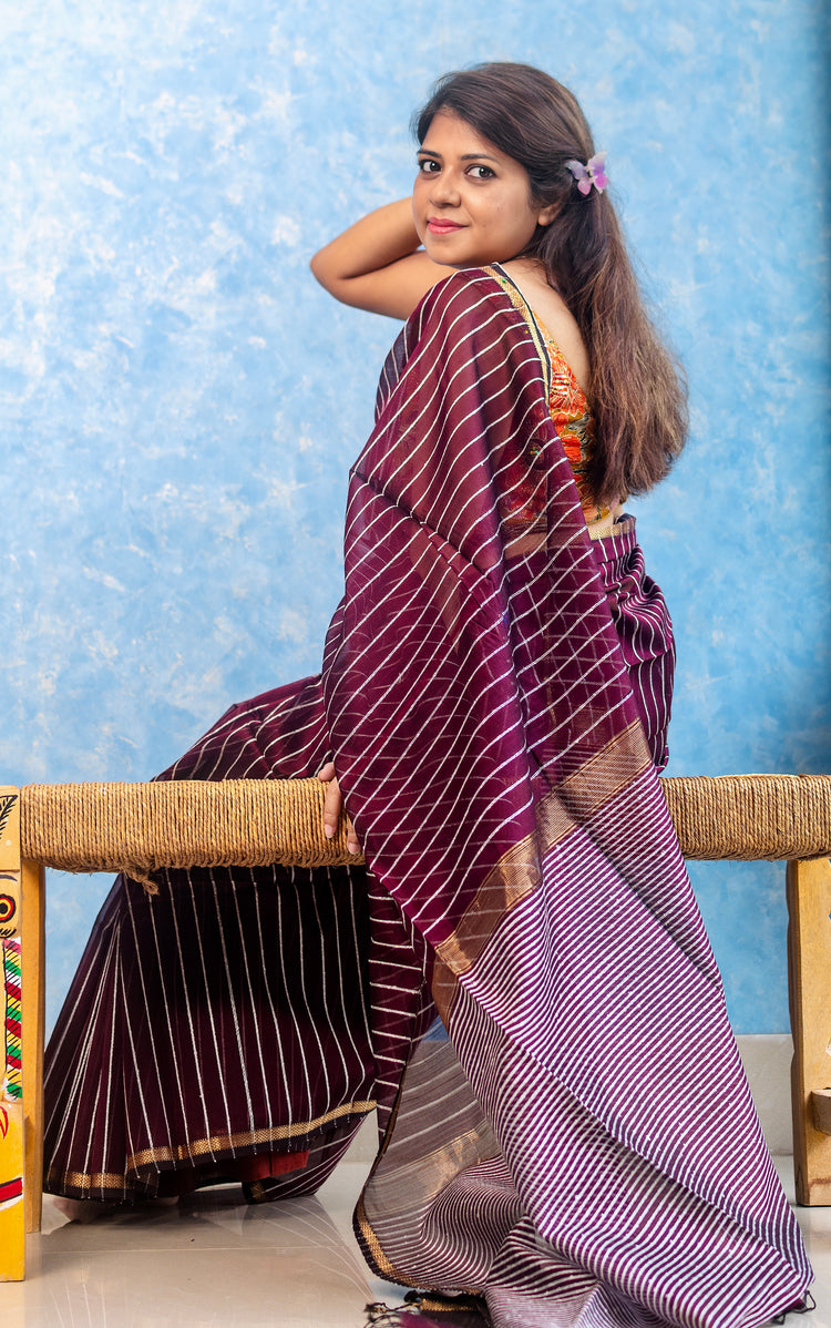 Burnt Marron Handwoven Maheshwari Sari