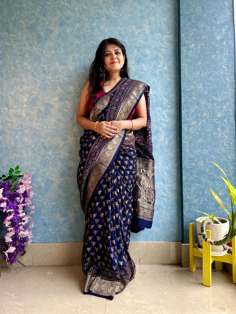 INDIGO AJRAK BLOCK PRINTED DOLA SILK SARI